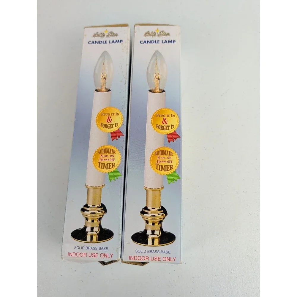 NEW ( 2 )Electric Lighted Candle Stick Solid Brass Base Auto Timer Brite Star